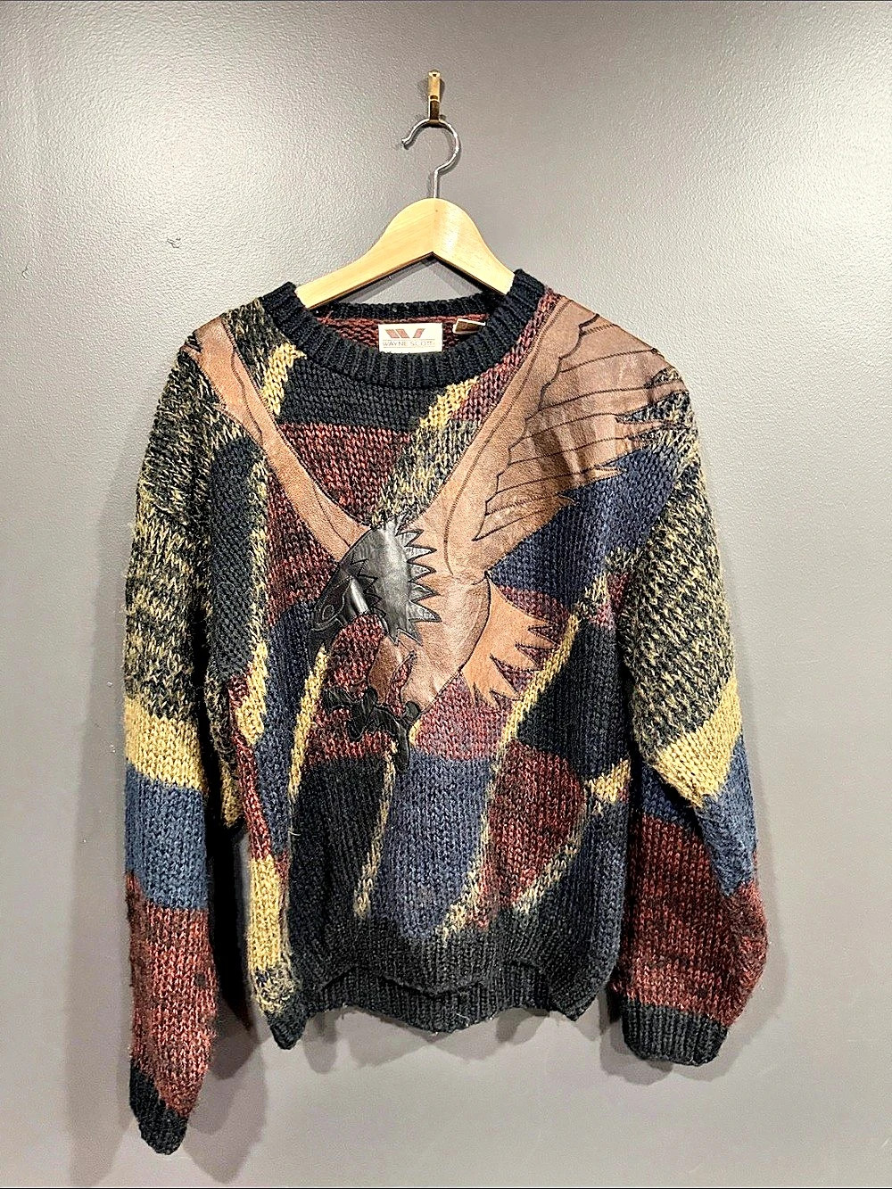 Wayne Scotto Men's Abstract Eagle Chest Crewneck Sweater in Black & Brown